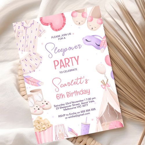 Pink Purple Girls Sleepover Party Birthday  Invitation