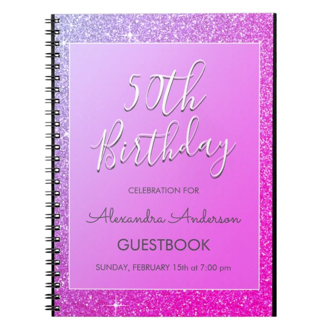 Pink Purple Glitter 50th Birthday Guestbook Notebook (Front)