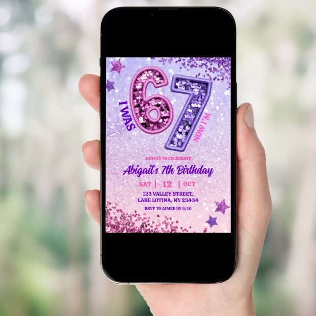 Pink Purple Glitter 67 Birthday Party Invitation (Front Digital)