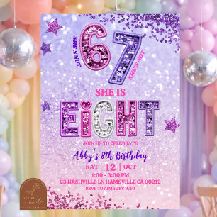 Pink Purple Glitter 67 Girl 8th Birthday PartY Invitation