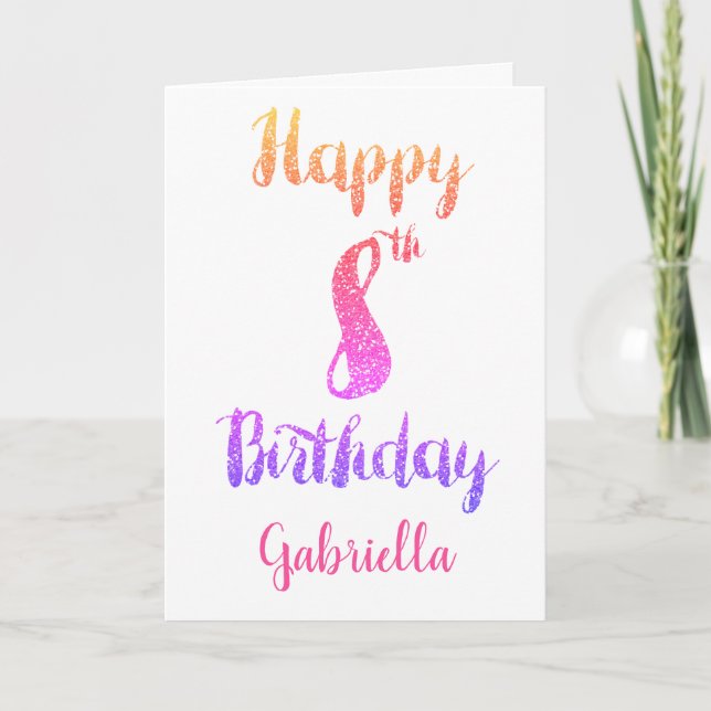 Pink Purple Glitter 8th Birthday Card (Front)