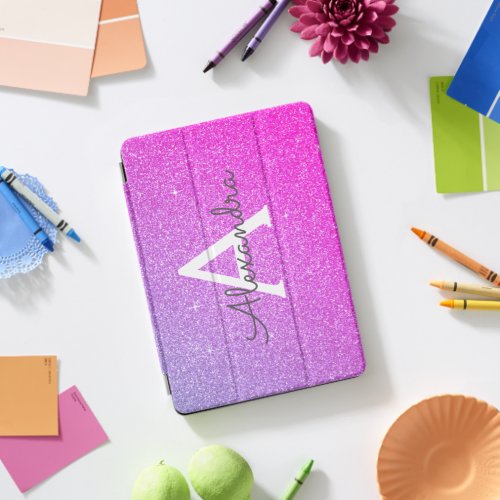 Pink Purple Glitter and Sparkle Monogram iPad Pro Cover