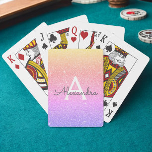 Pink Purple Glitter and Sparkle Monogram Poker Cards