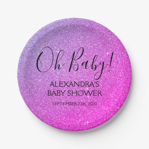 Pink Purple Glitter and Sparkle Oh Baby Shower Paper Plates