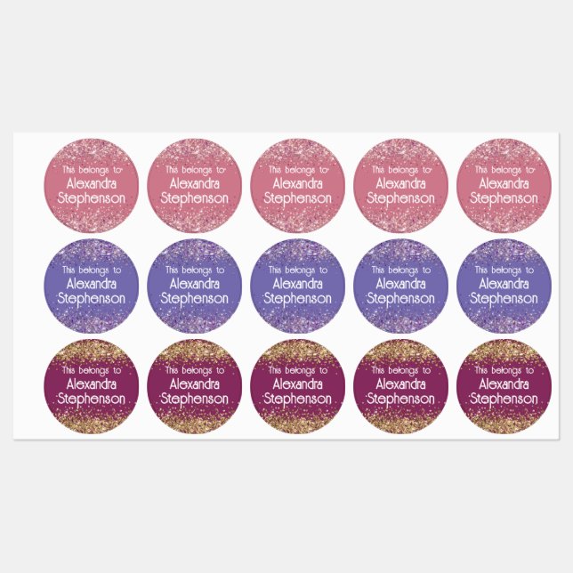 Pink Purple Glitter Baby Girl Kids Name Waterproof Labels (Sheet)