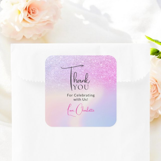 Pink Purple Glitter Bridal Shower Favor Thank You Square Sticker (Pink Purple Glitter Bridal Shower Favor Thank You Square Sticker)