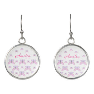 Pink purple glitter butterfly add name text letter earrings