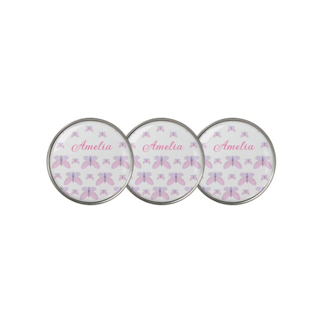 Pink purple glitter butterfly add name text letter golf ball marker (3 Up)