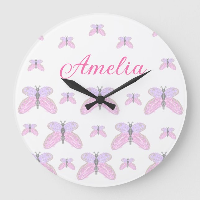 Pink purple glitter butterfly add name text letter large clock (Front)