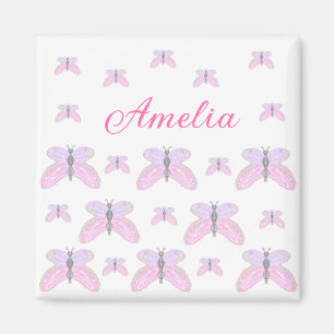 Pink purple glitter butterfly add name text letter magnet