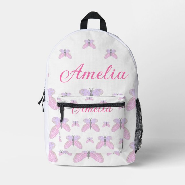 Pink purple glitter butterfly add name text letter printed backpack (Front)
