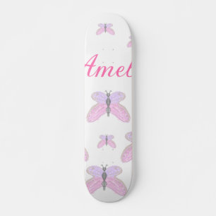 Pink purple glitter butterfly add name text letter skateboard