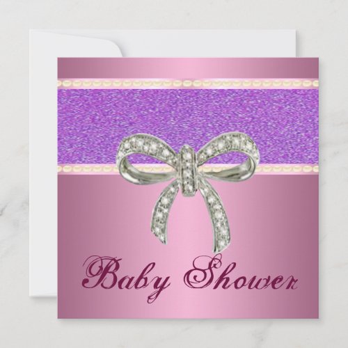 Pink Purple Glitter Diamond Bow Baby Shower Invite