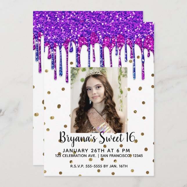 Pink Purple Glitter Drip Birthday Sweet 16 Photo Invitation (Front/Back)