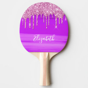 Pink purple glitter drip name monogram ping pong paddle