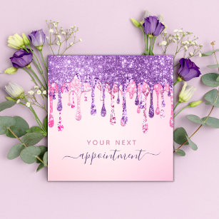 Pink Purple Glitter Dripping Appointment Reminder Square Business Card