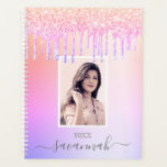 Pink purple glitter drips custom photo planner<br><div class="desc">A rainbow colored background in purple, pink and rose gold with elegant faux rose gold, pink and purple glitter drips, paint dripping look. Personalize and add your own photo, name and a year. The name is written in gray with a large modern hand lettered style script with swashes. To keep...</div>