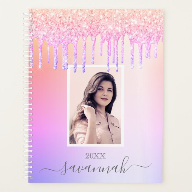 Pink purple glitter drips custom photo planner (Front)