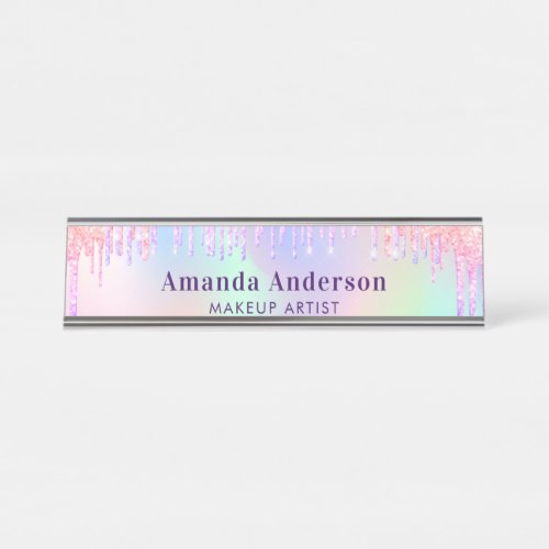 Pink purple glitter drips holographic desk name plate