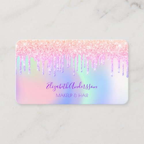 Pink purple glitter drips holographic makeup hair business card