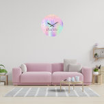 Pink purple glitter drips holographic monogram large clock<br><div class="desc">A trendy holographic background with unicorn and rainbow pastel colors in pink, purple, rose gold, mint green. Decorated with faux glitter drips in rose gold, pink and purple. Personalize and add a name and your monogram initials. The name is written with a modern hand lettered style script. Purple colored letters....</div>