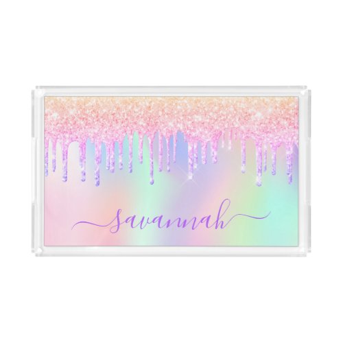 Pink purple glitter drips holographic name script acrylic tray