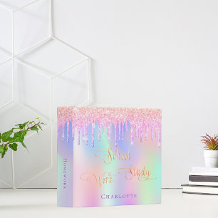 Pink purple glitter drips holographic school  3 ring binder