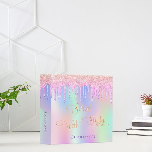 Pink purple glitter drips holographic school  3 ring binder (Creator Uploaded)