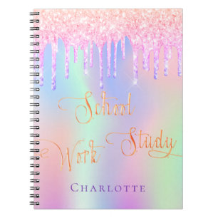 Pink purple glitter drips holographic school notebook