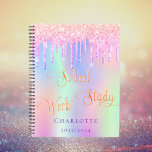Pink purple glitter drips holographic school planner<br><div class="desc">A trendy holographic colored background with unicorn and rainbow pastel colors in pink,  purple,  mint green. Decorated with faux glitter drips in pink and purple. Personalize and add a name.  Golden text: School,  work,  study</div>