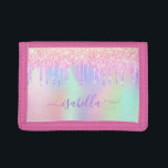 Pink purple glitter drips monogram name girl trifold wallet<br><div class="desc">A holographic, iridescent unicorn colored background. Decorated with pink, purple and rose gold faux glitter drips, paint dripping look. Personalize and add your name. The name is written with a hand lettered style script with swashes. To keep the swashes only delete the sample name, leave the spaces or emoji's in...</div>