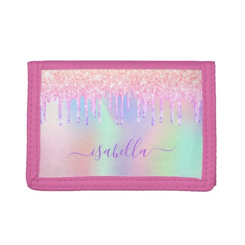Pink purple glitter drips monogram name girl trifold wallet