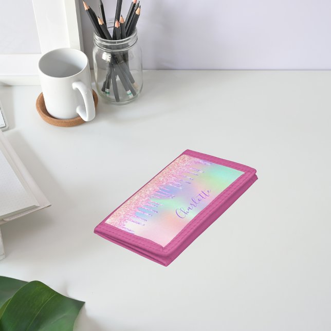 Pink purple glitter drips monogram name girl trifold wallet (Creator Uploaded)
