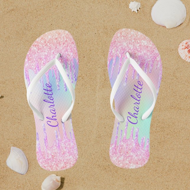 Pink purple glitter drips name holographic flip flops (Creator Uploaded)