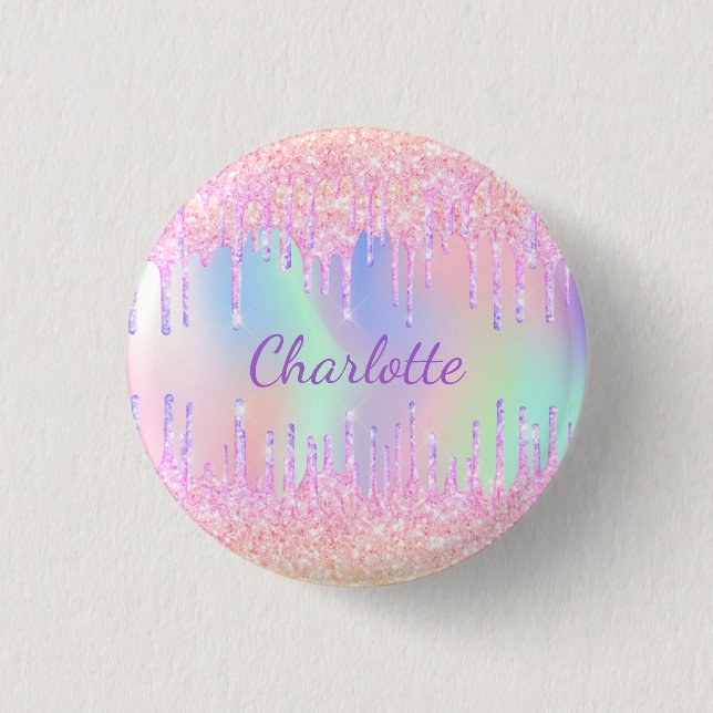 Pink purple glitter drips name holographic rainbow button (Front)