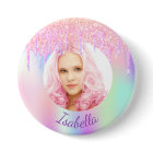 Pink purple glitter drips photo button name tag