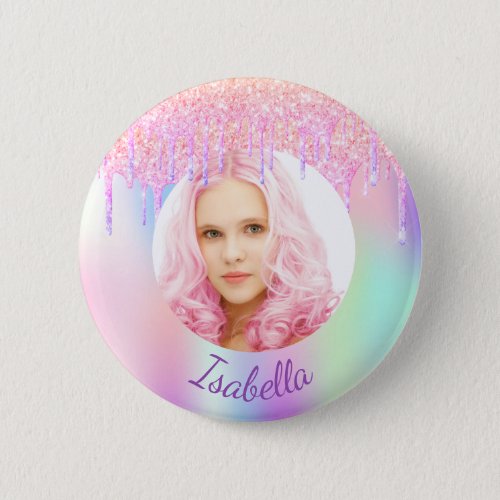 Pink purple glitter drips photo button name tag
