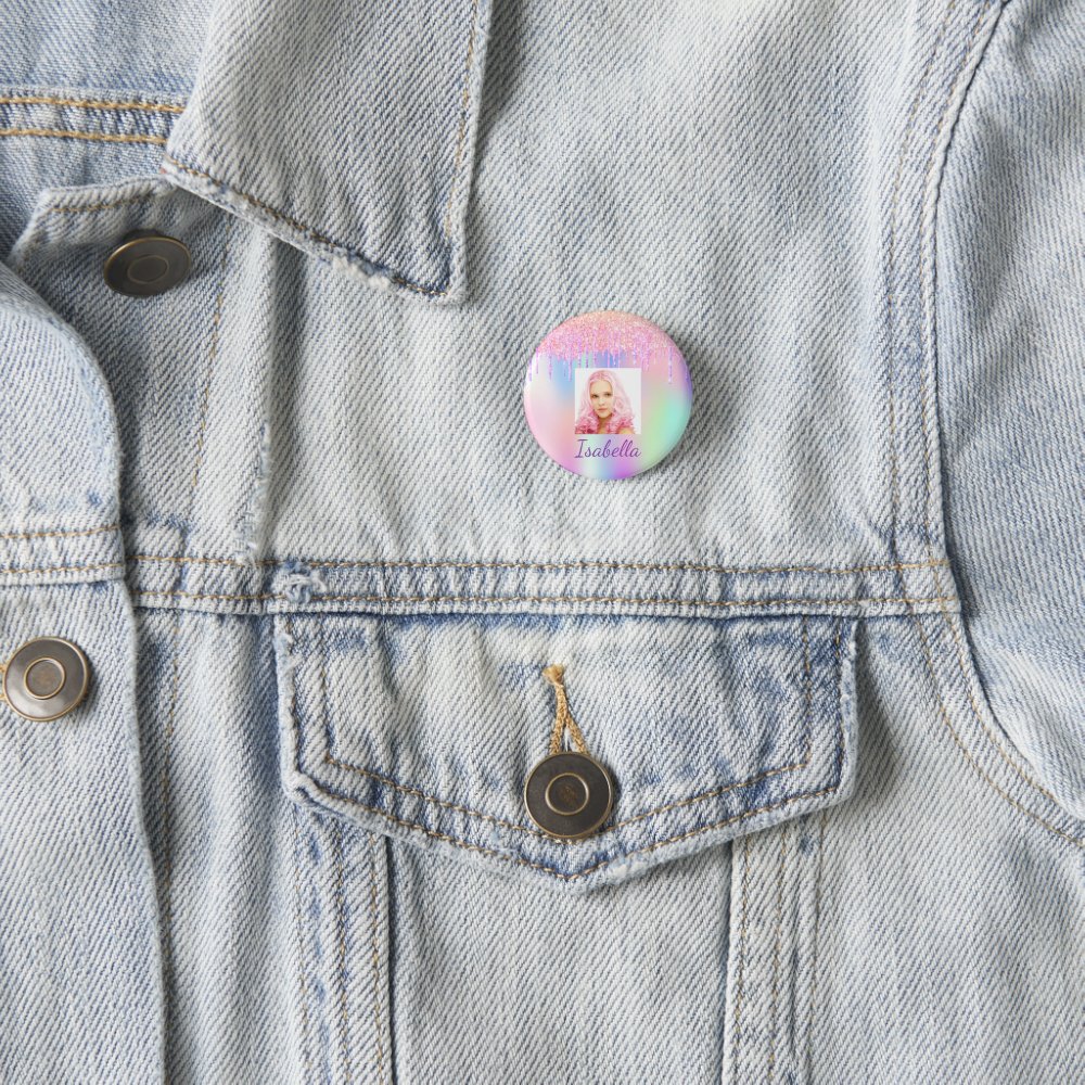 Disover Pink purple glitter drips photo button name tag Pin Buttons
