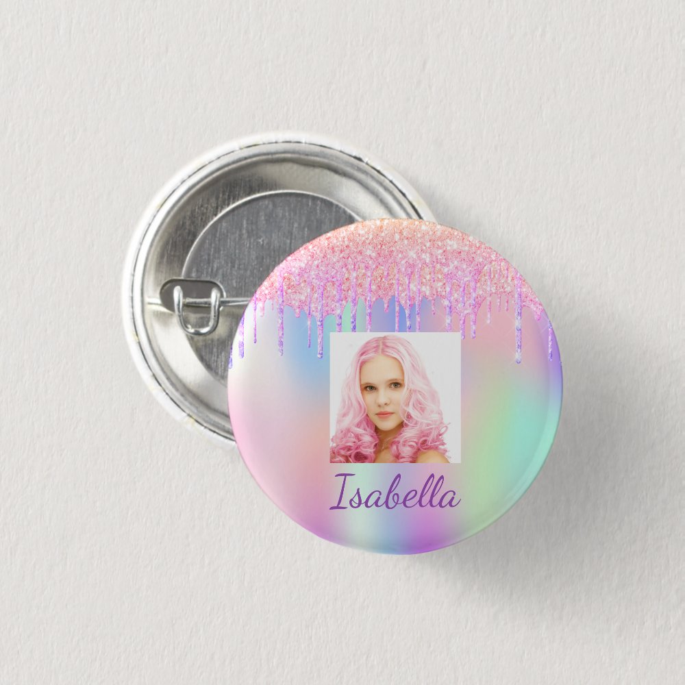 Disover Pink purple glitter drips photo button name tag Pin Buttons
