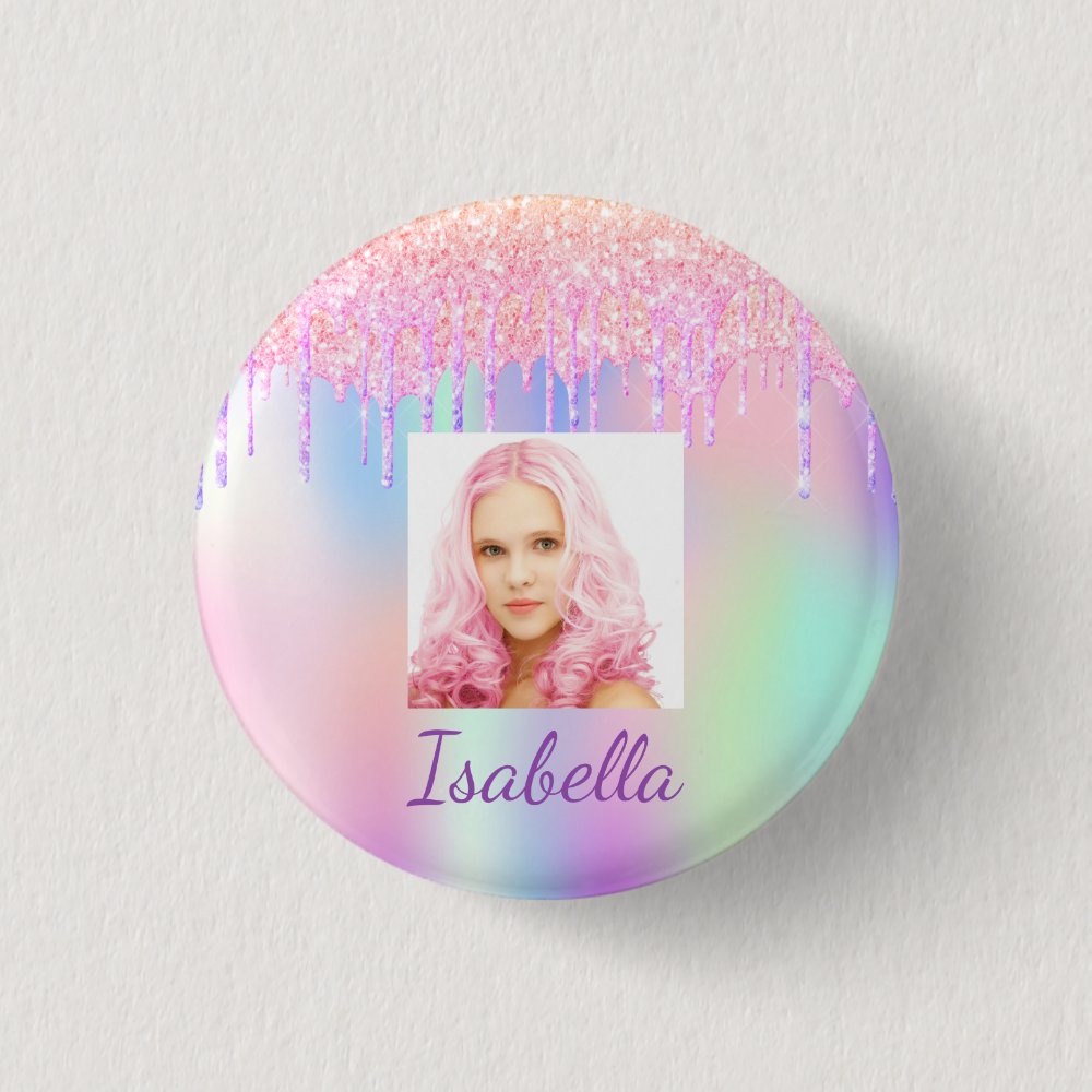 Disover Pink purple glitter drips photo button name tag Pin Buttons