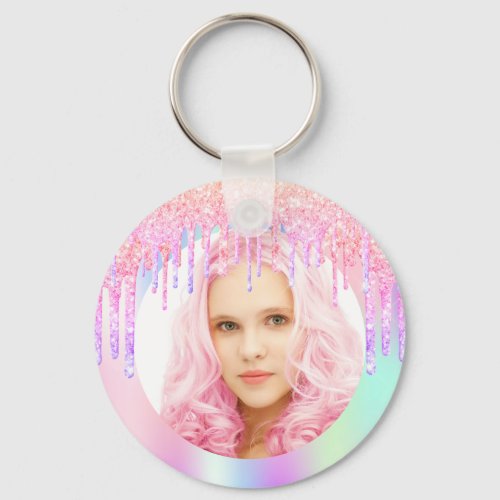 Pink purple glitter drips photo girl keychain