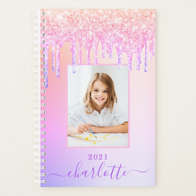 Pink purple glitter drips photo girl school planner (Front)