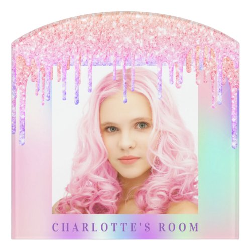 Pink purple glitter drips photo name girl door sign