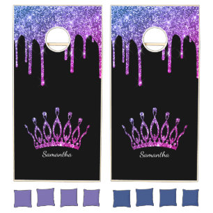 Pink Purple Glitter Drips Sparkle Crown Name Cornhole Set