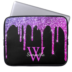 Pink Purple Glitter Drips Sparkle Monogram Name Laptop Sleeve