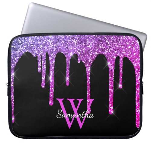 Pink Purple Glitter Drips Sparkle Monogram Name Laptop Sleeve