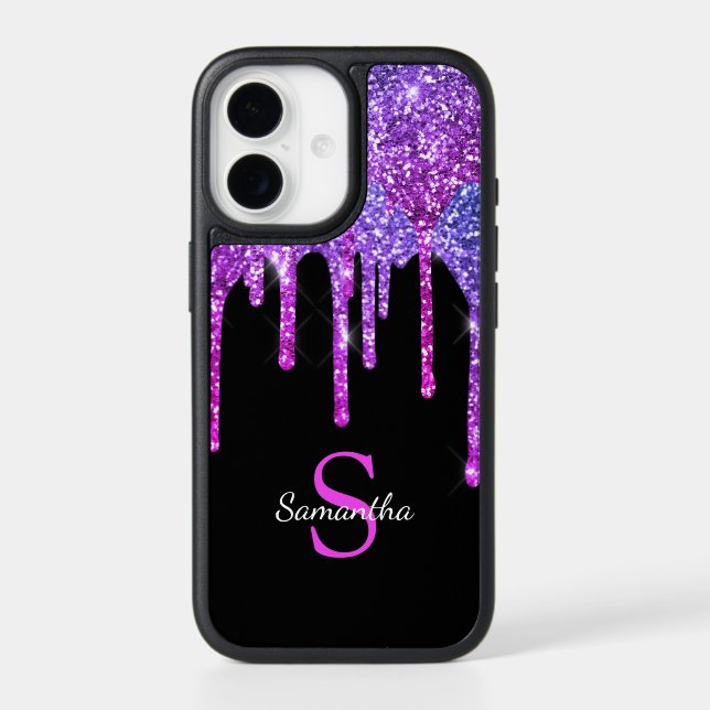Pink Purple Glitter Drips Sparkle Monogram Name Otterbox iPhone Case (Back)