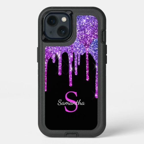 Pink Purple Glitter Drips Sparkle Monogram Name iPhone 13 Case