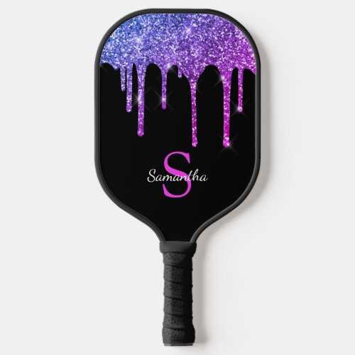 Pink Purple Glitter Drips Sparkle Monogram Name Pickleball Paddle