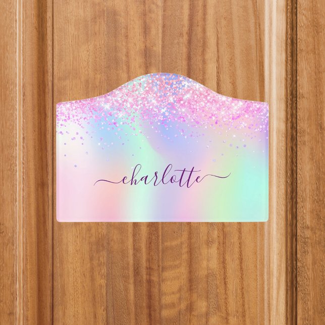 Pink purple glitter dust holographic name girl door sign (Creator Uploaded)